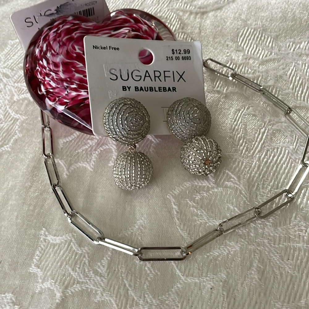 New On Cards Sugarfix Baublebar Silver Tone Chain  Necklace & Beaded Earrings